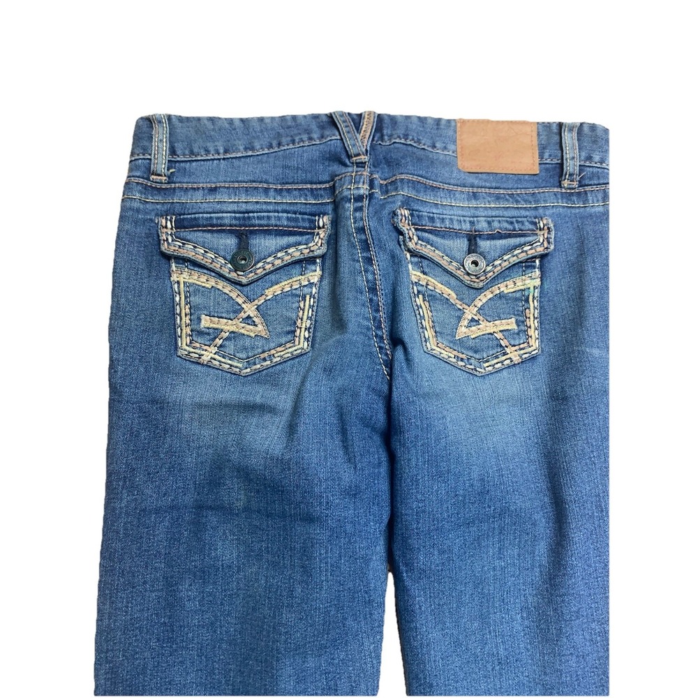 Women's 7 Amethyst Denim Blue Jeans Y2K Bootcut Embellished Pocket Distressed - Picture 2 of 8